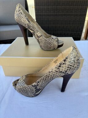 Michael Kors Snakeskin Open Toe Heels, Sz 8.5